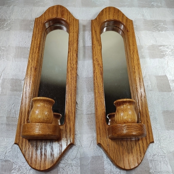 Other - Pair of Vintage Brown Natural Mirrors Wooden Tall Wall Sconce Candle Holders